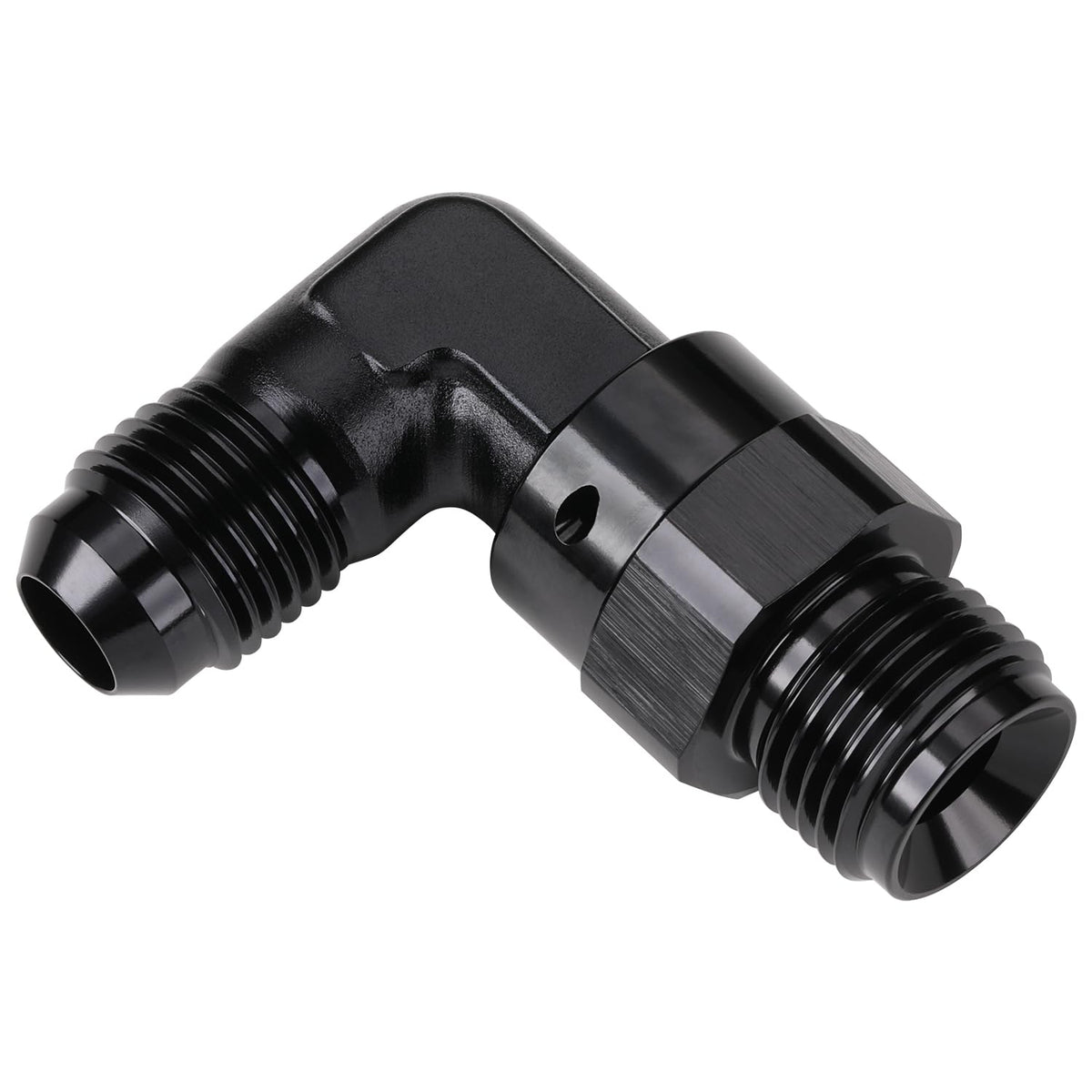 Podavelle adapter front view showing anodized black finish and ports, durable and corrosion resistant