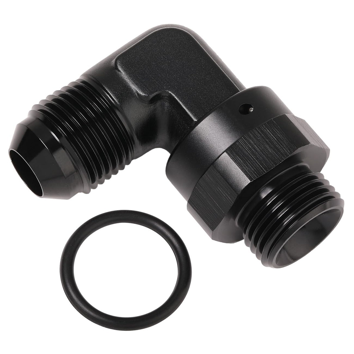 Podavelle front view of 8AN to 8AN ORB 90° adapter showing compact profile and benefits