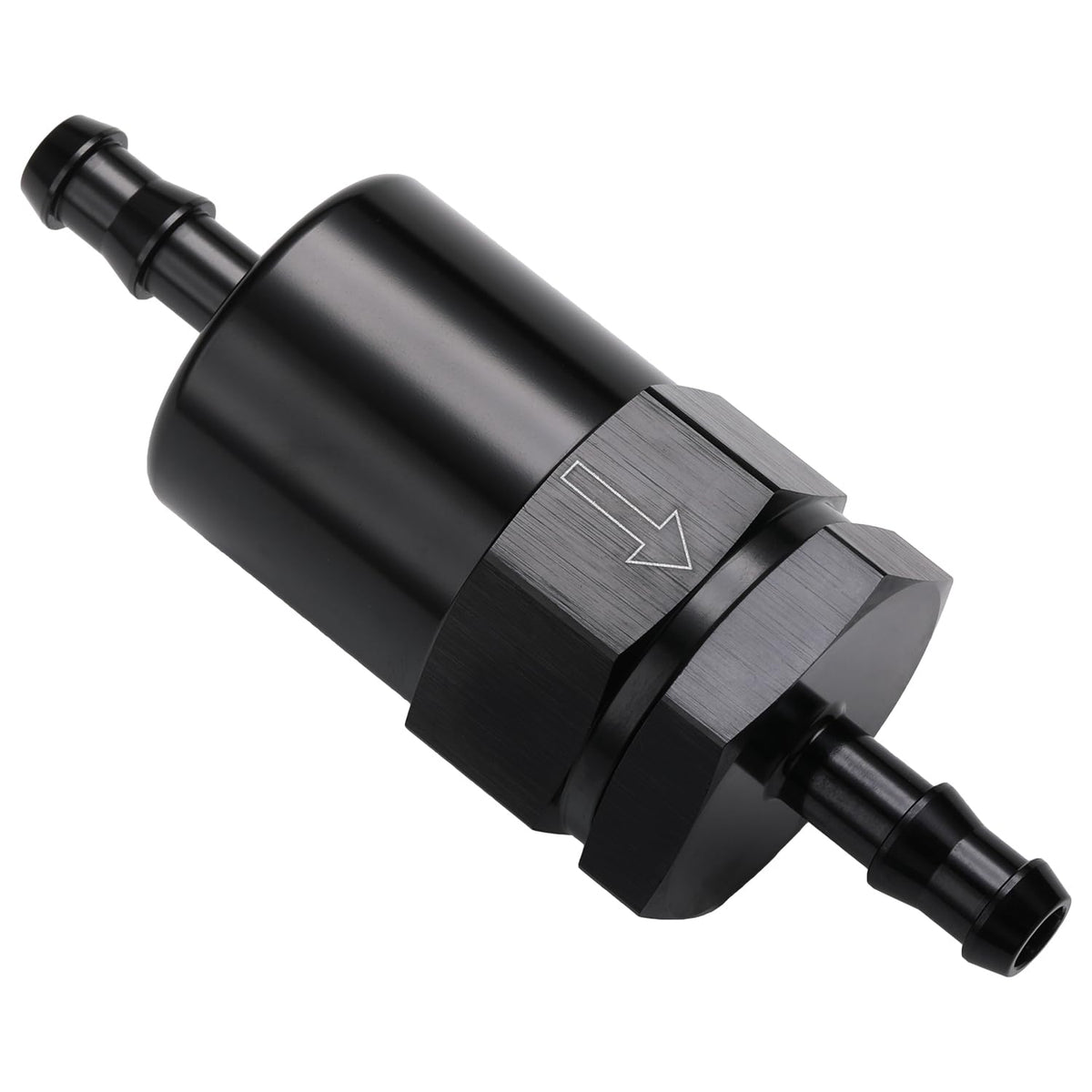 Podavelle front view billet fuel filter showing inlet outlet and compact shape for easy fit