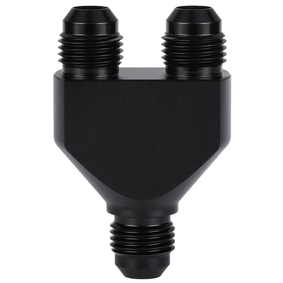 Podavelle Y-block front view showing dual AN6 outlets and clean finish for reliable splits