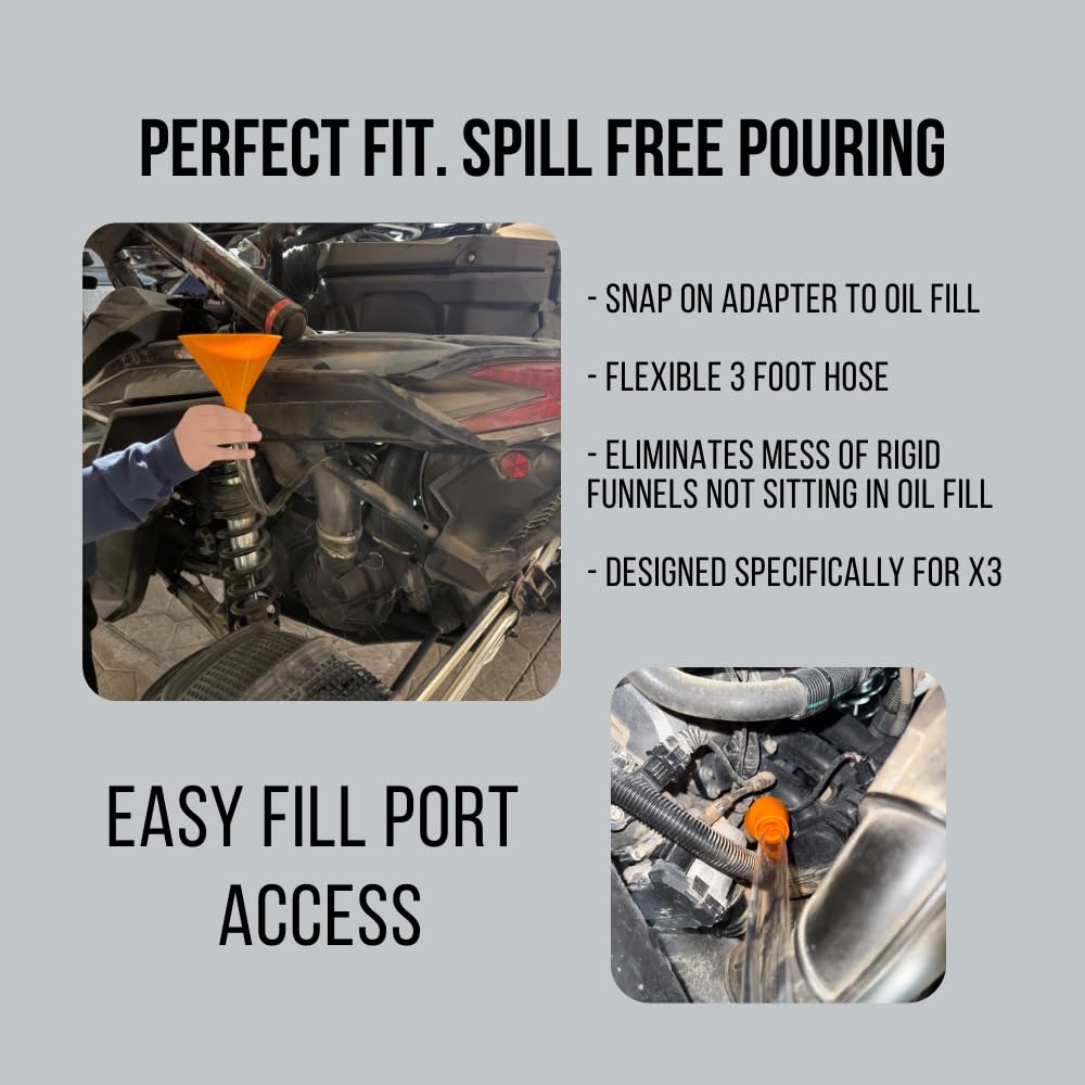 Podium Made drain funnel seated in skid plate guiding oil straight to pan for no-mess drains