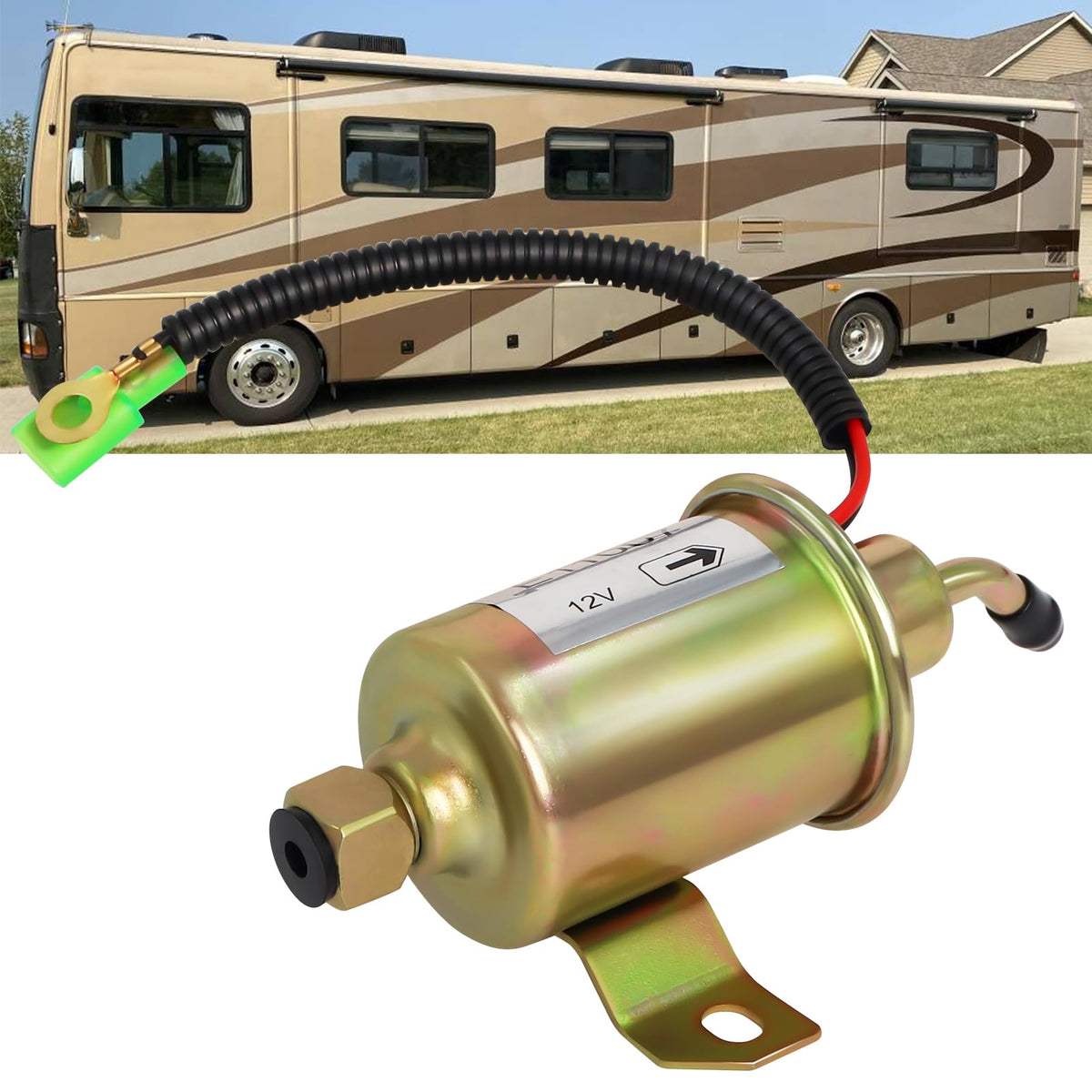 Podoy front view of fuel pump showing inlet and outlet ports for reliable fit