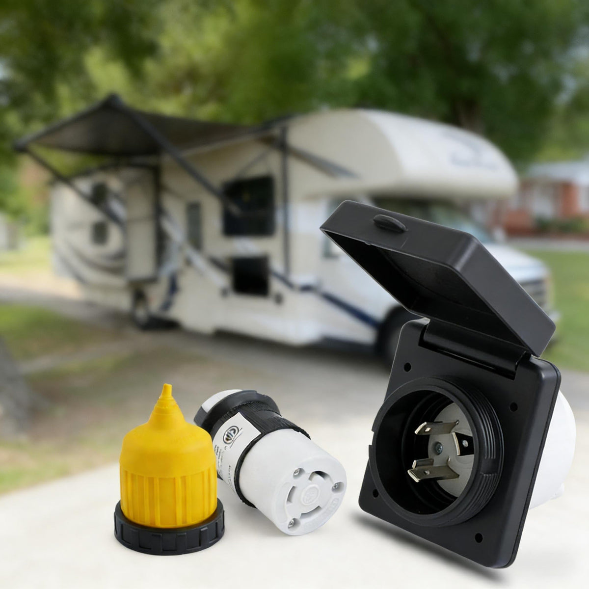 Podoy front inlet box showing cover closed and weather resistance benefit