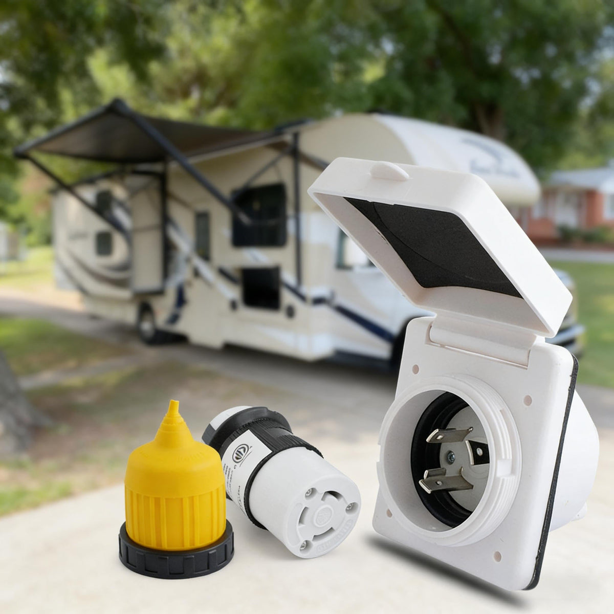 Podoy front inlet box showing faceplate and secure mounting for durable outdoor power