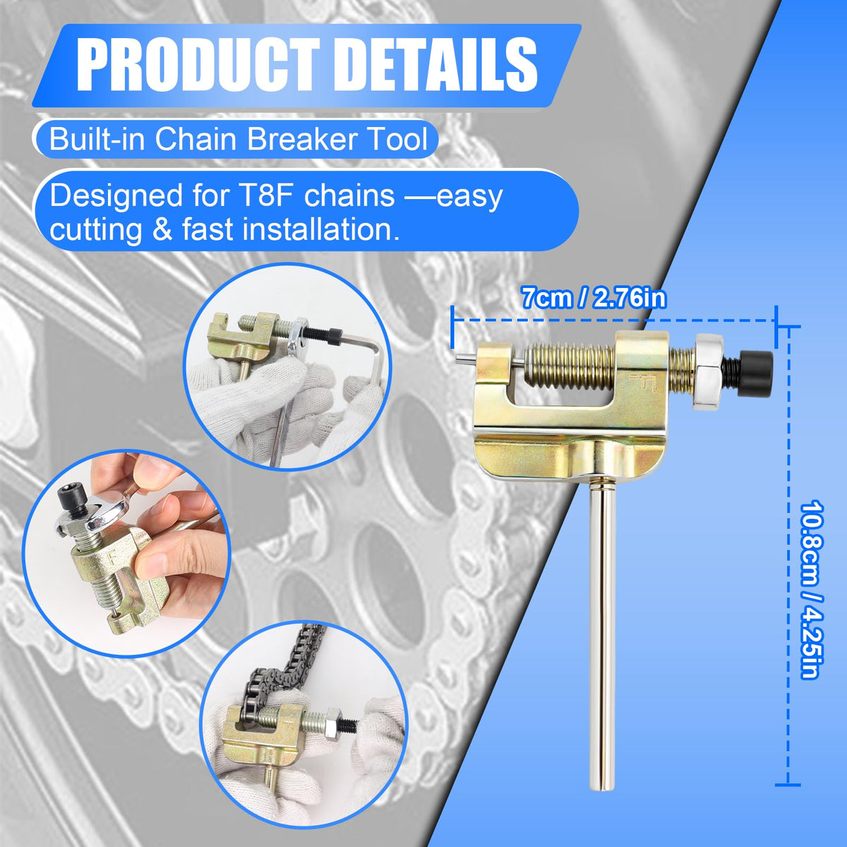 Podoy chain breaker tool detail with ergonomic handle for accurate link removal