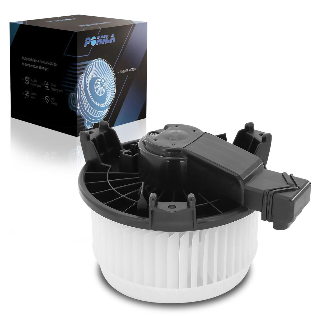 POHILA front view of blower motor showing mounting points and direct-fit benefits