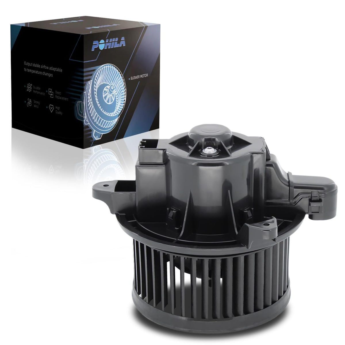 POHILA front view of blower motor showing housing and mount, reliable direct fit