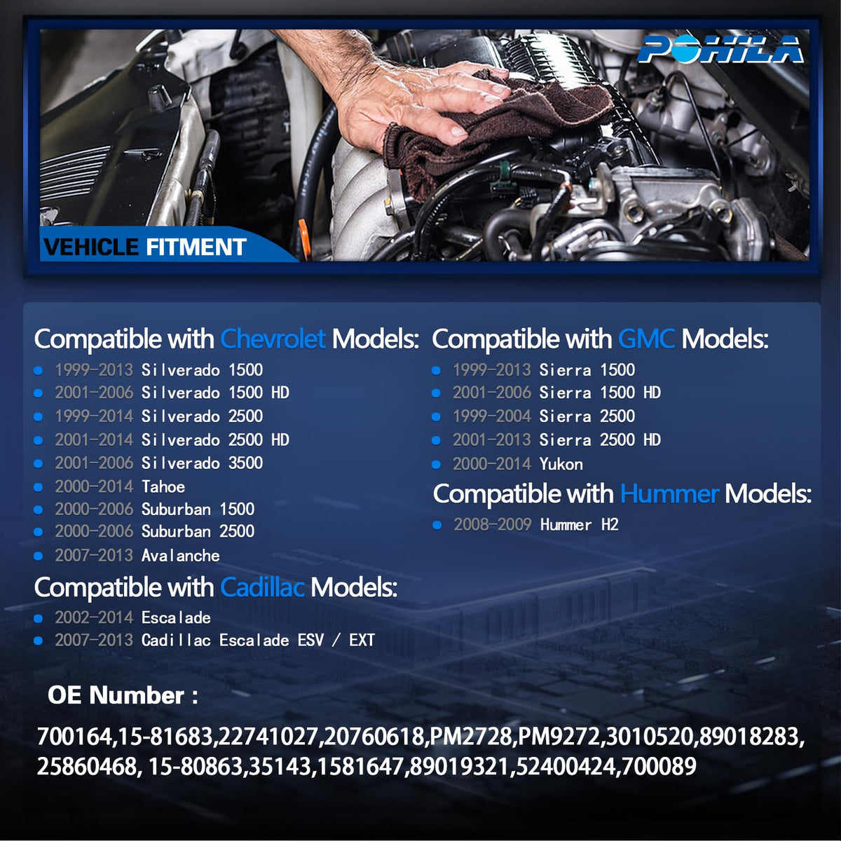 POHILA motor label and specifications close view, verifies correct OEM-dimension match