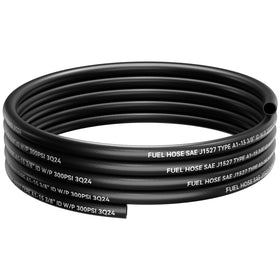POHIR front view of 3/8" marine fuel hose showing length and labeling, clear identification benefit