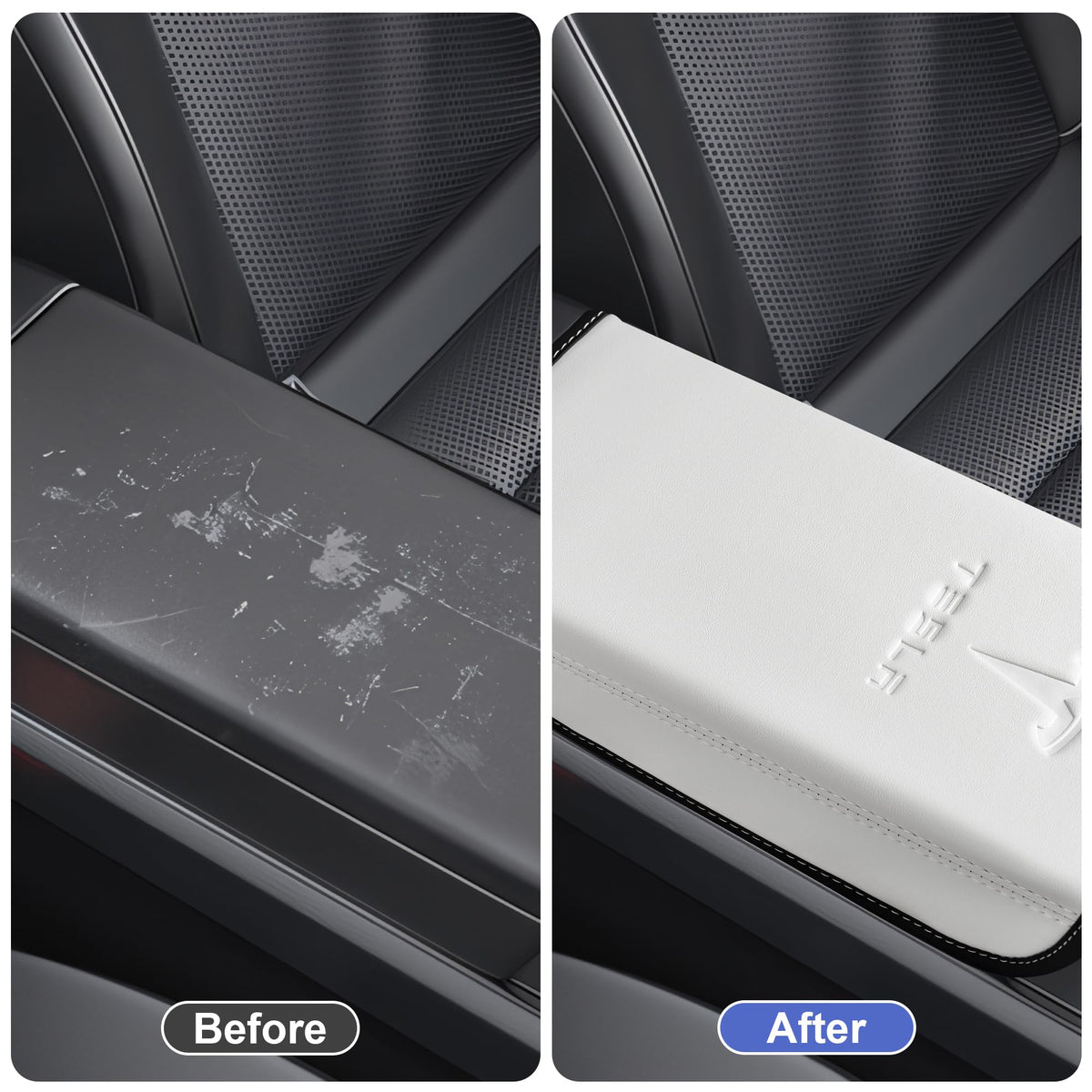 POKUNG armrest cover installed in Tesla console demonstrating tool-free, secure fit