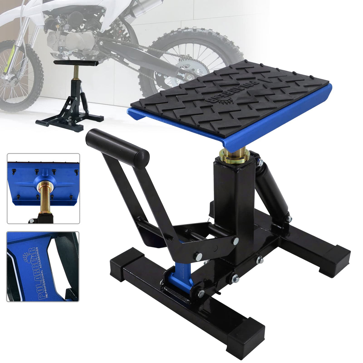 POLARBEAR front packaging of blue aluminum bike stand showing key features and portability