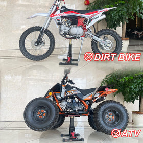 POLARBEAR stand lifting a dirt bike demonstrating easy operation and controlled stability