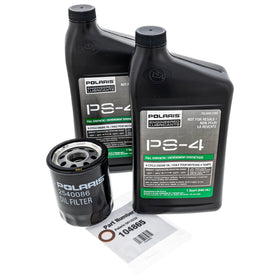 Polaris 2202166 front packaging showing oil bottles and filter for correct maintenance