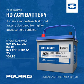 Polaris battery in retail packaging highlighting factory-sealed condition and warranty