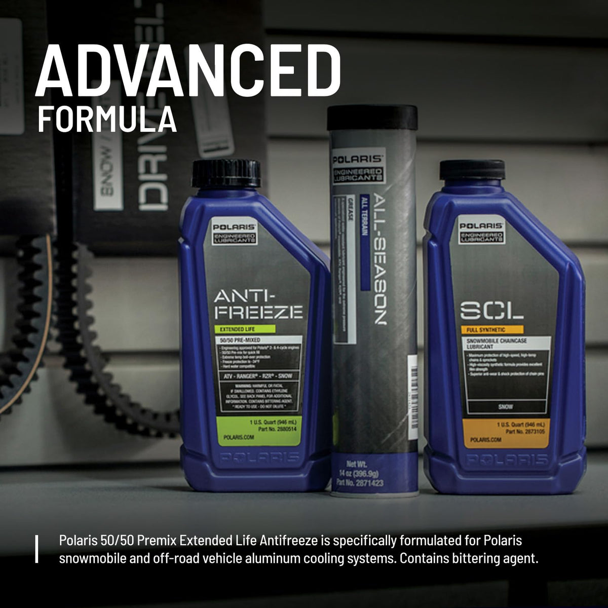 Polaris bottle staged with snowmobile backdrop showing seasonal protection benefit