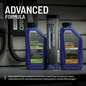 Polaris bottle staged with snowmobile backdrop showing seasonal protection benefit