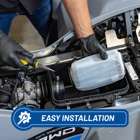 Polaris filter surrounded by dust showing heavy-duty filtration in dusty conditions benefit