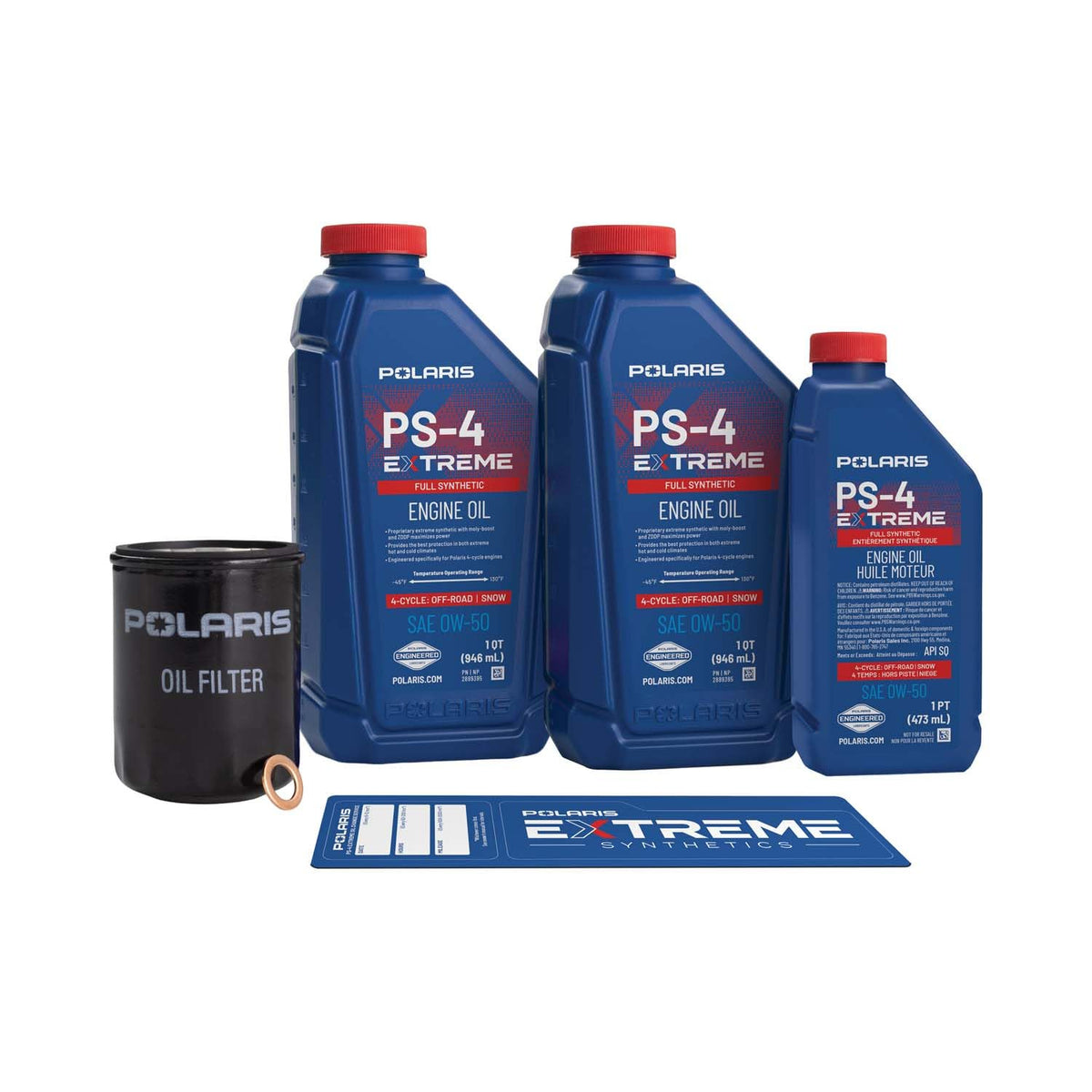 Polaris oil bottle label closeup highlighting 0W‑50 full synthetic benefits