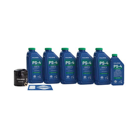Polaris PS-4 5W-50 oil bottle closeup highlighting synthetic formula benefits