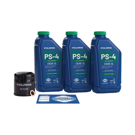 Polaris oil bottle closeup showing PS‑4 5W‑50 label for high temperature protection