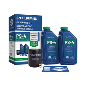 Polaris PS-4 oil bottles and OEM filter showing kit contents and easy maintenance benefit