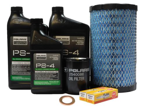 Polaris front view of kit contents showing oil, filter, plugs — ensures correct OEM fit