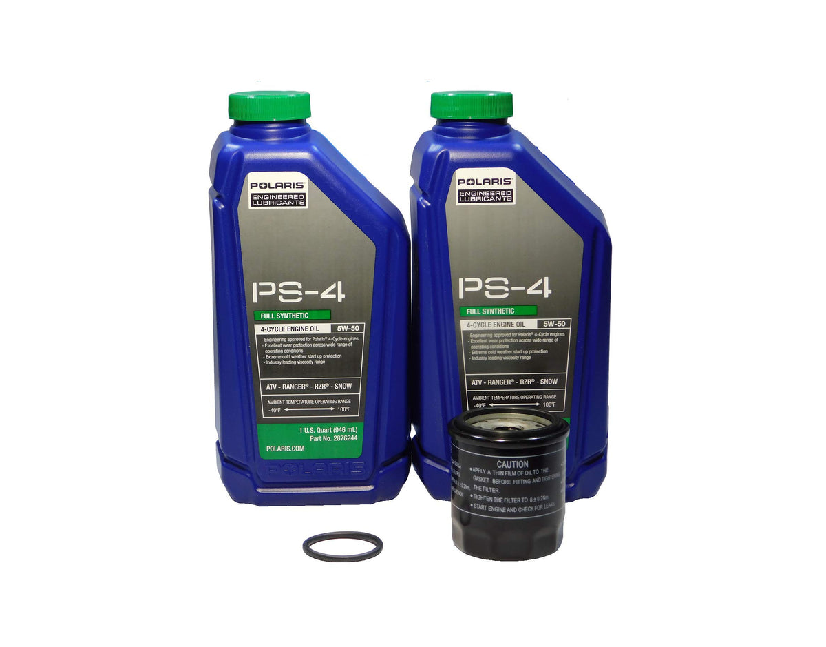 Polaris front view of the kit showing oil bottles, filter and gasket for easy maintenance