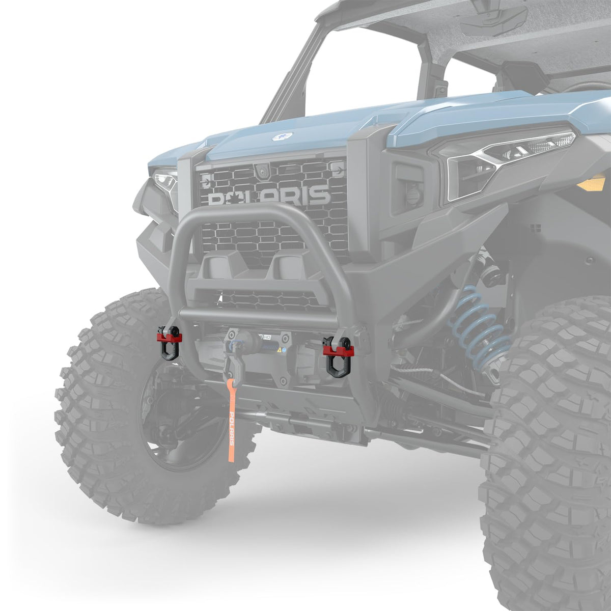 Polaris recovery shackles installed on a bumper demonstrating secure tie-down benefit
