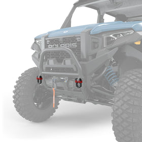Polaris recovery shackles installed on a bumper demonstrating secure tie-down benefit