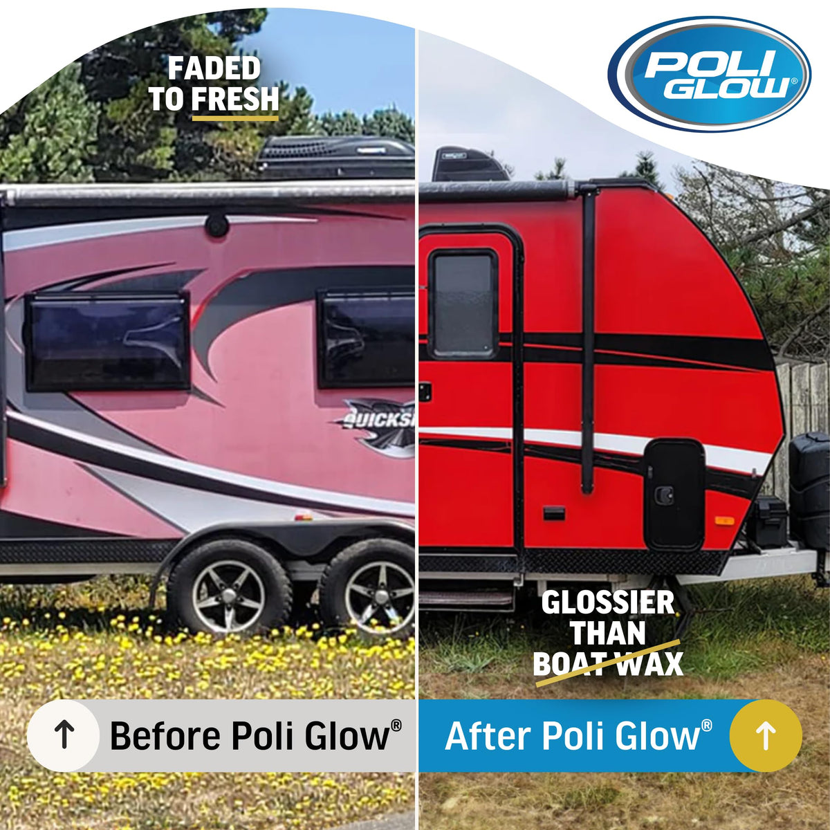 Poli Glow liquid Poli Ox bottle shown for easier, cleaner oxidation removal