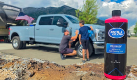 Poli Glow bottle next to a common water bottle showing 32 oz scale