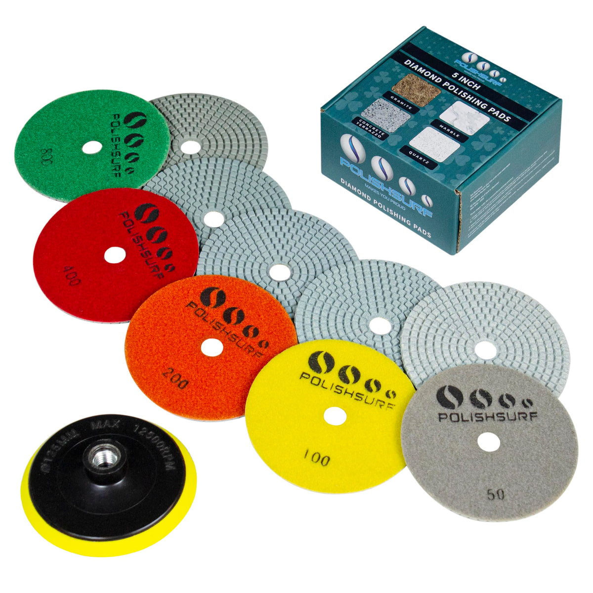 POLISHSURF front packaging showing the 5 inch pad kit and included backer pad for easy identification