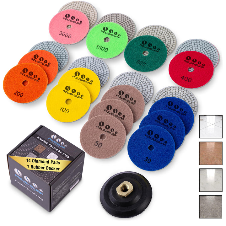 POLISHSURF kit front packaging showing 4-inch pads and backer, clear product overview