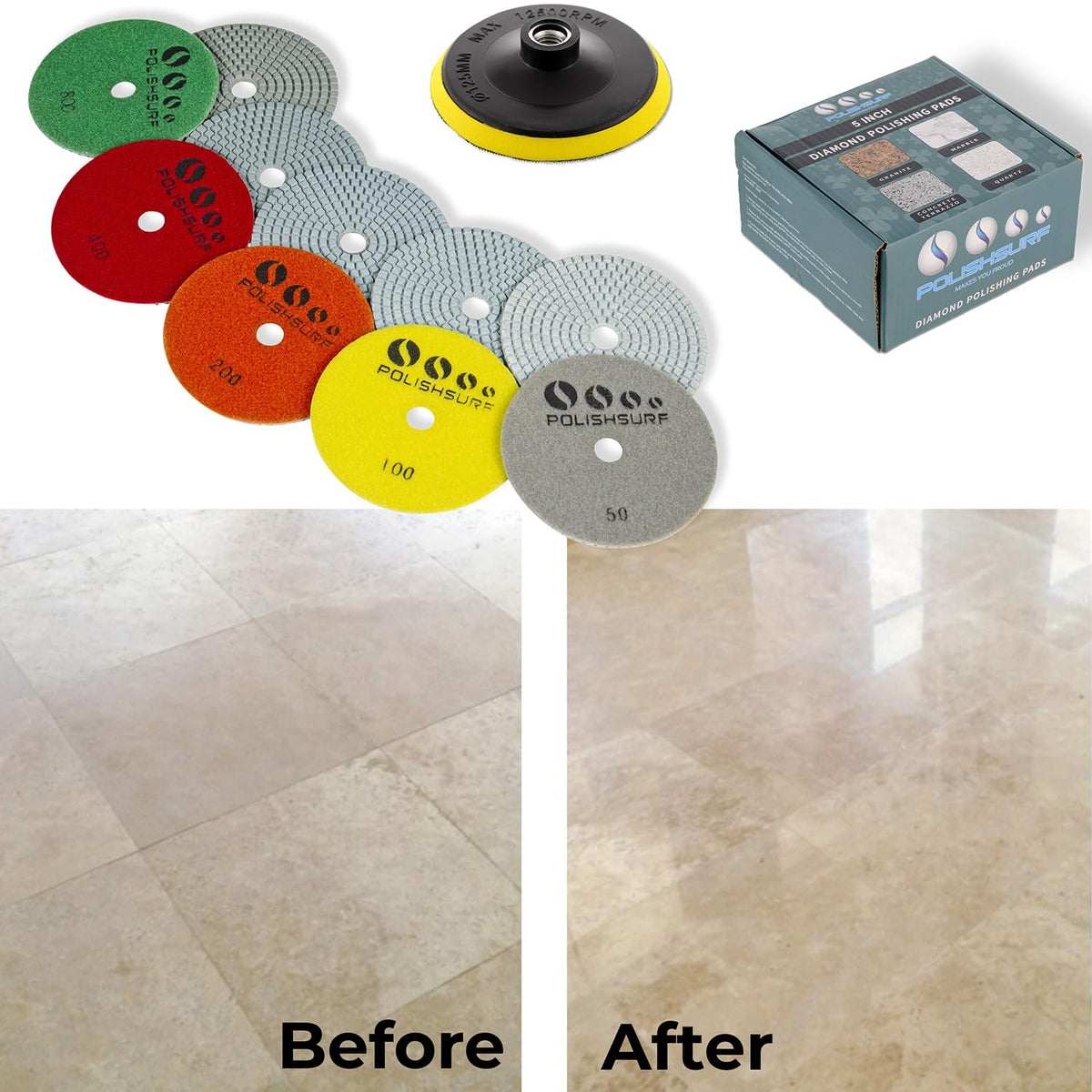 POLISHSURF polishing pad used on a granite countertop showing visible finish improvement