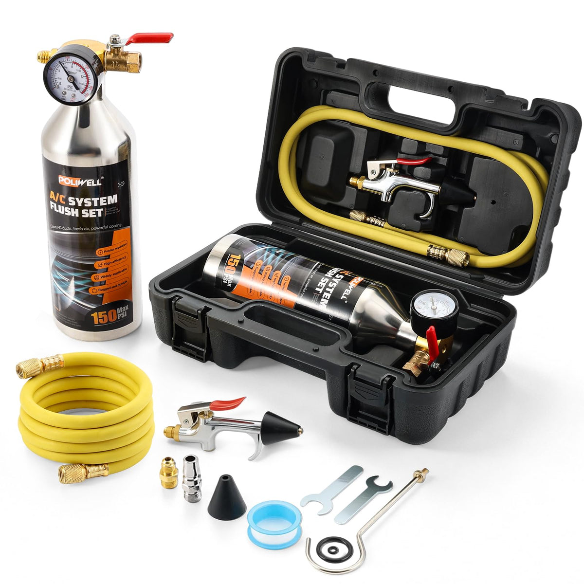POLIWELL front packaging showing full flush kit and case for convenient storage