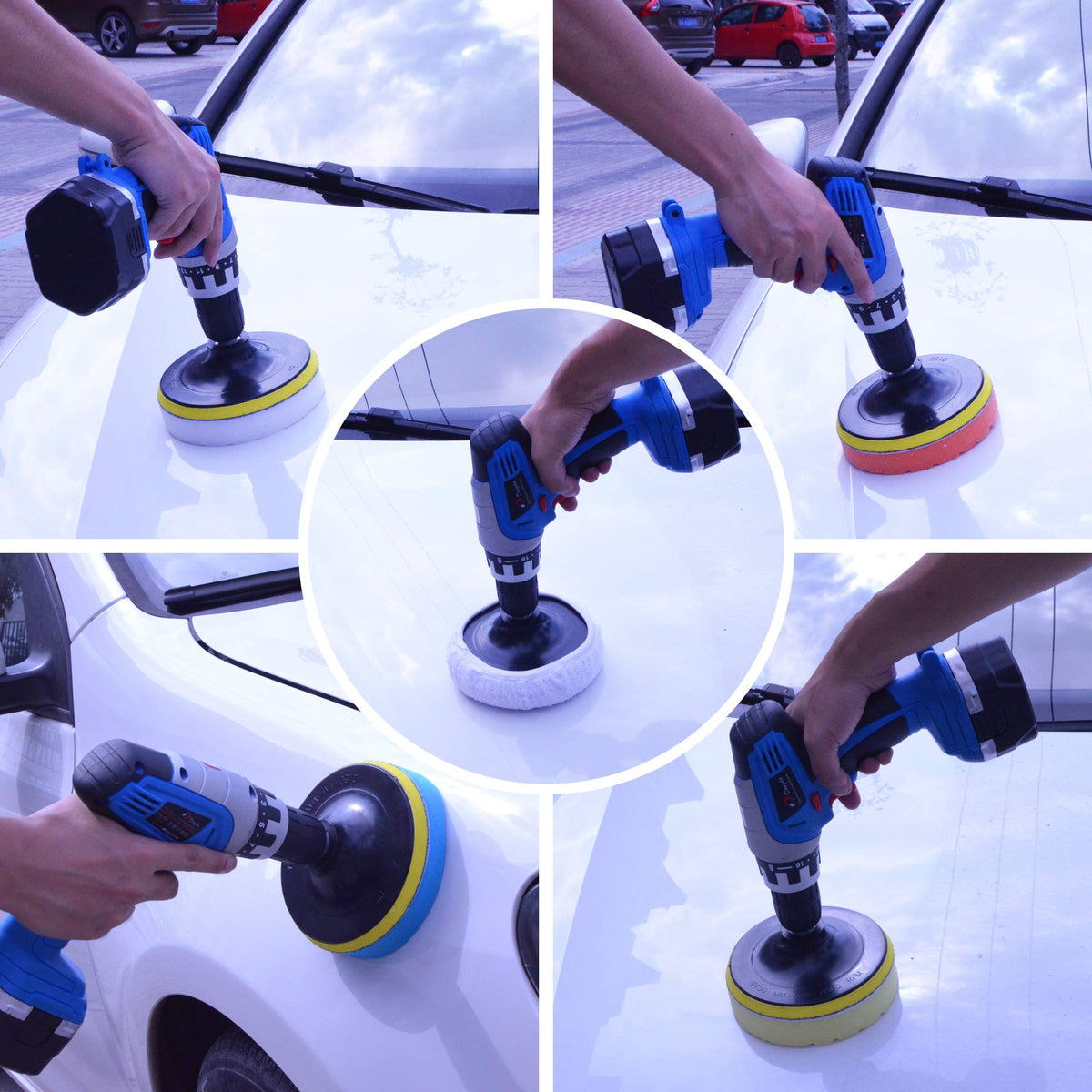 POLIWELL lifestyle shot of polishing a car door with kit pads for visible paint improvement