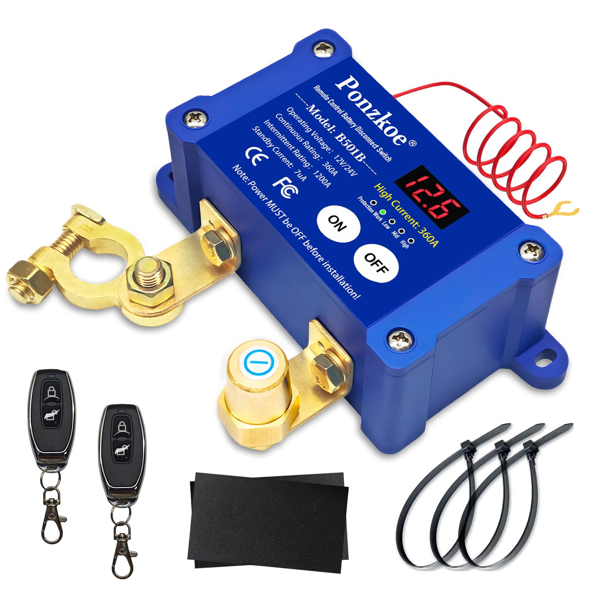Ponzkoe front-mounted switch installed on battery post showing secure fit and theft protection