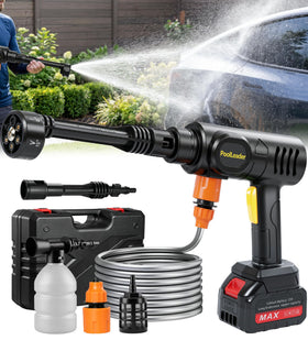 PoolLeader front view of cordless cleaner showing kit and benefits