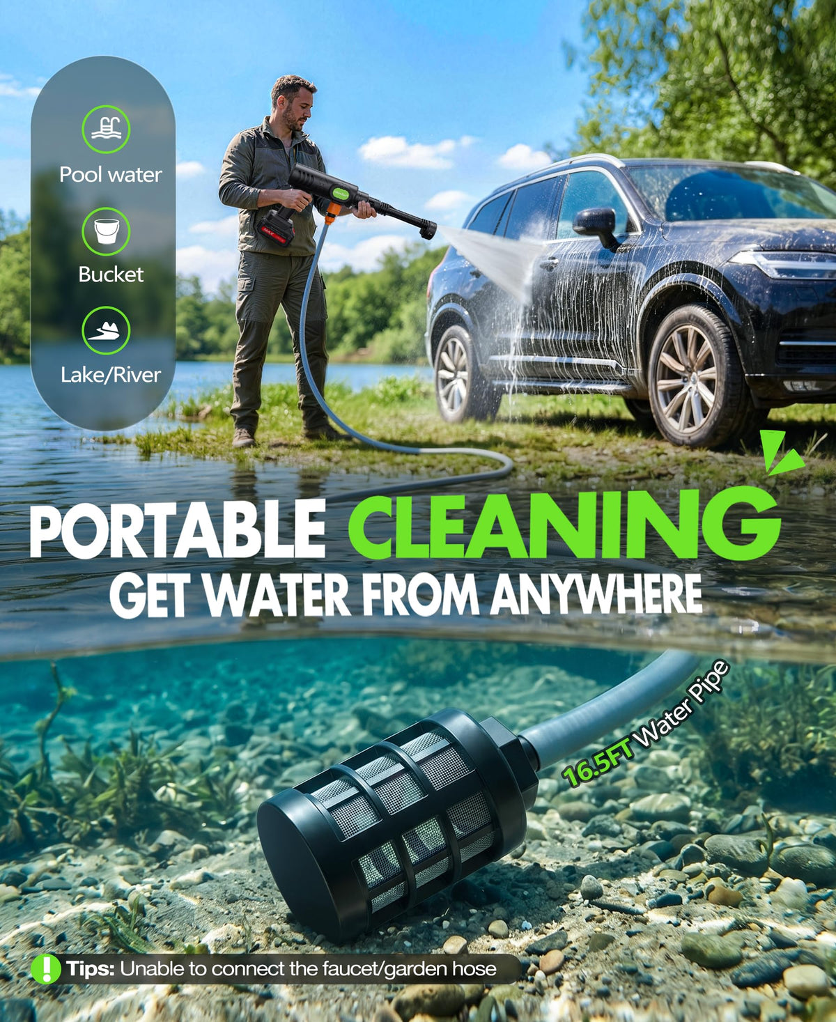 PoolLeader cordless cleaner in use washing a car for fast, portable cleaning