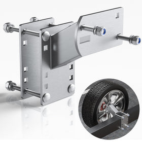 POOWEE front view of stainless spare tire carrier showing sturdy frame and finish benefit rust resistance