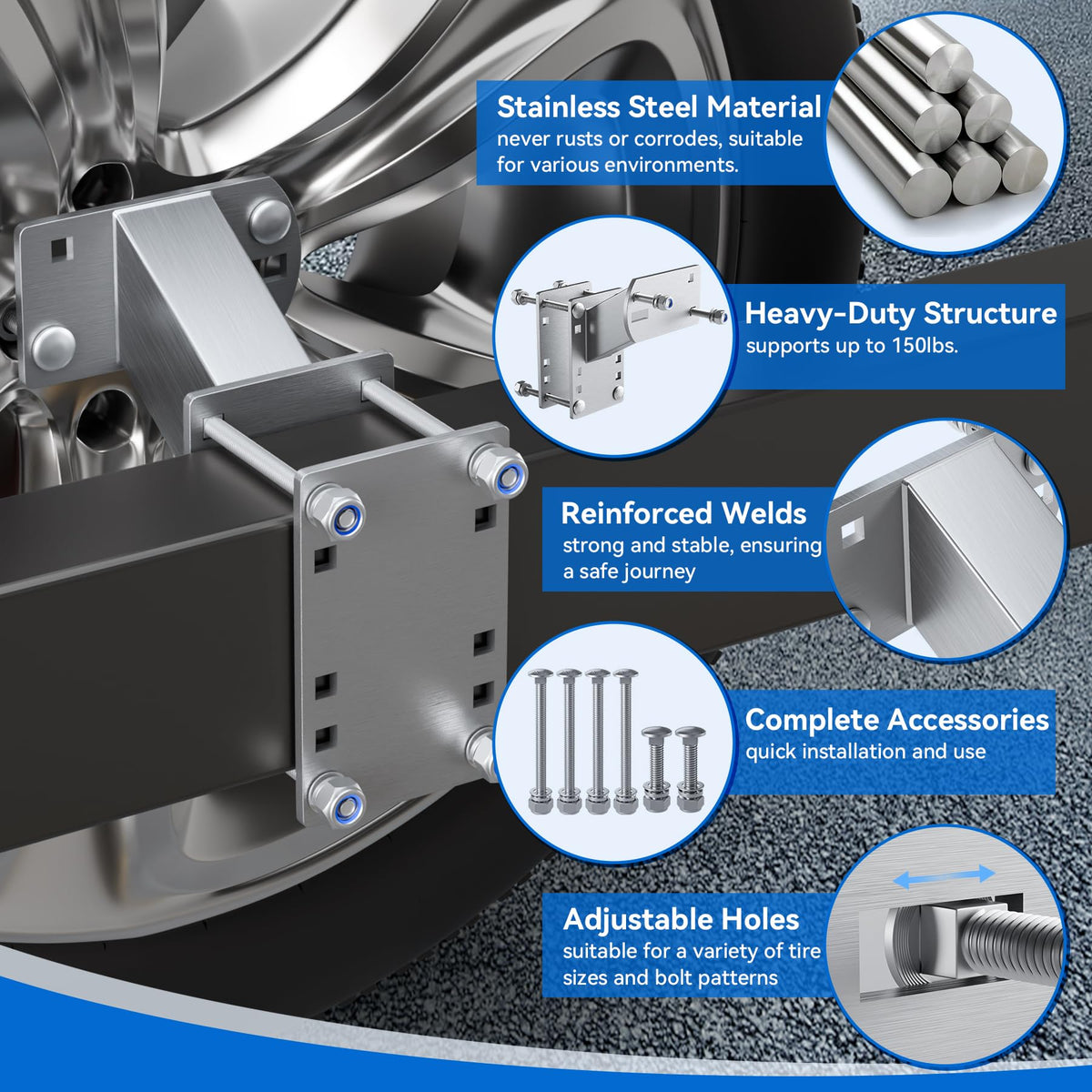 POOWEE laid-out hardware showing included bolts washers and nuts for straightforward installation
