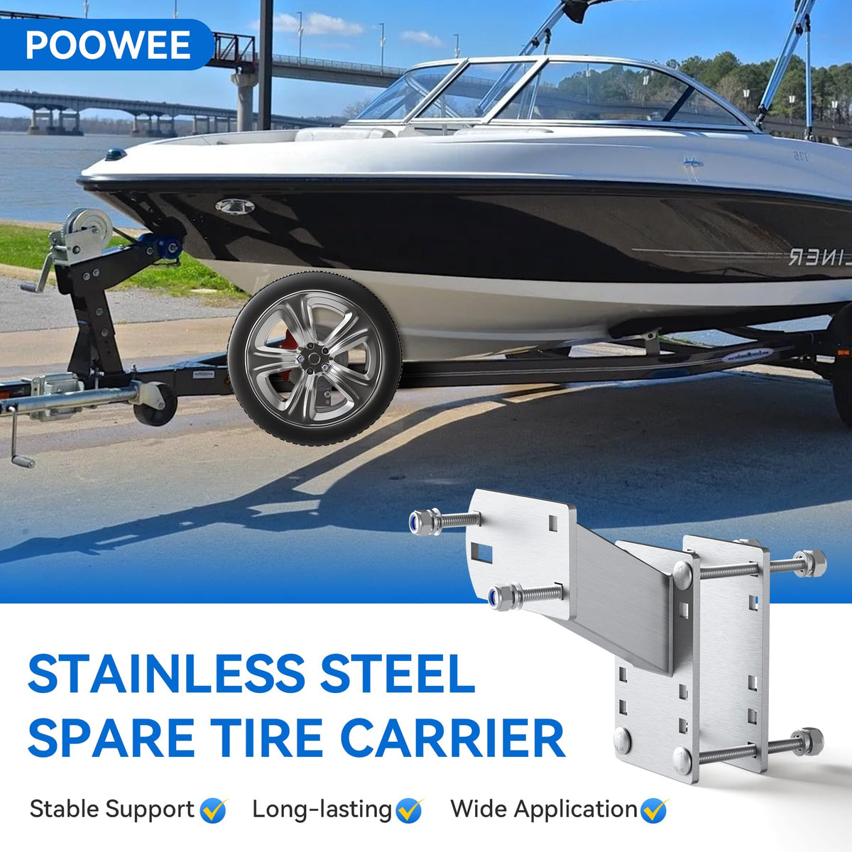 POOWEE lifestyle shot on coastal trailer showing rust-resistant mount ideal for marine conditions