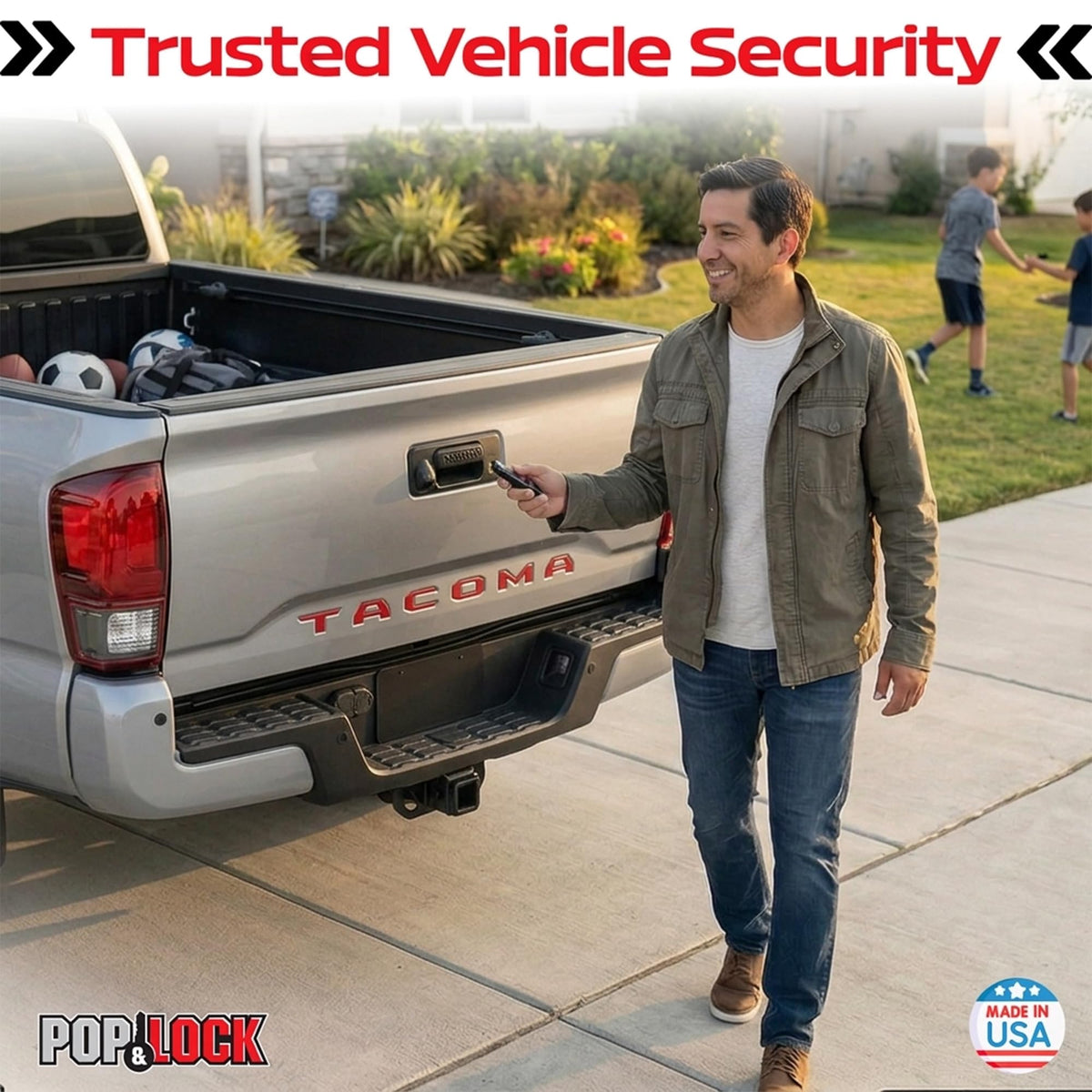 Pop & Lock secured Tacoma tailgate in truck bed lifestyle scene adding peace of mind