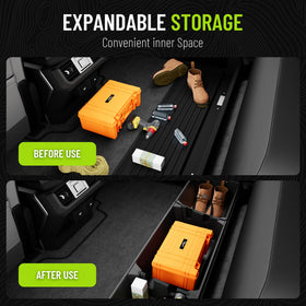 POPSTORE installed under truck seat with ruler showing size for easy fit assessment