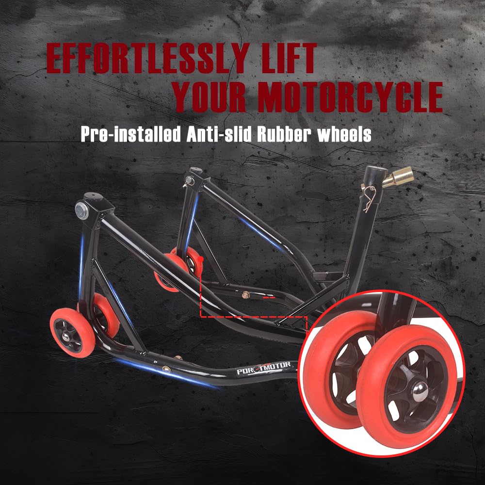 porotmotor stand lifting a sportbike by steering stem for fork access