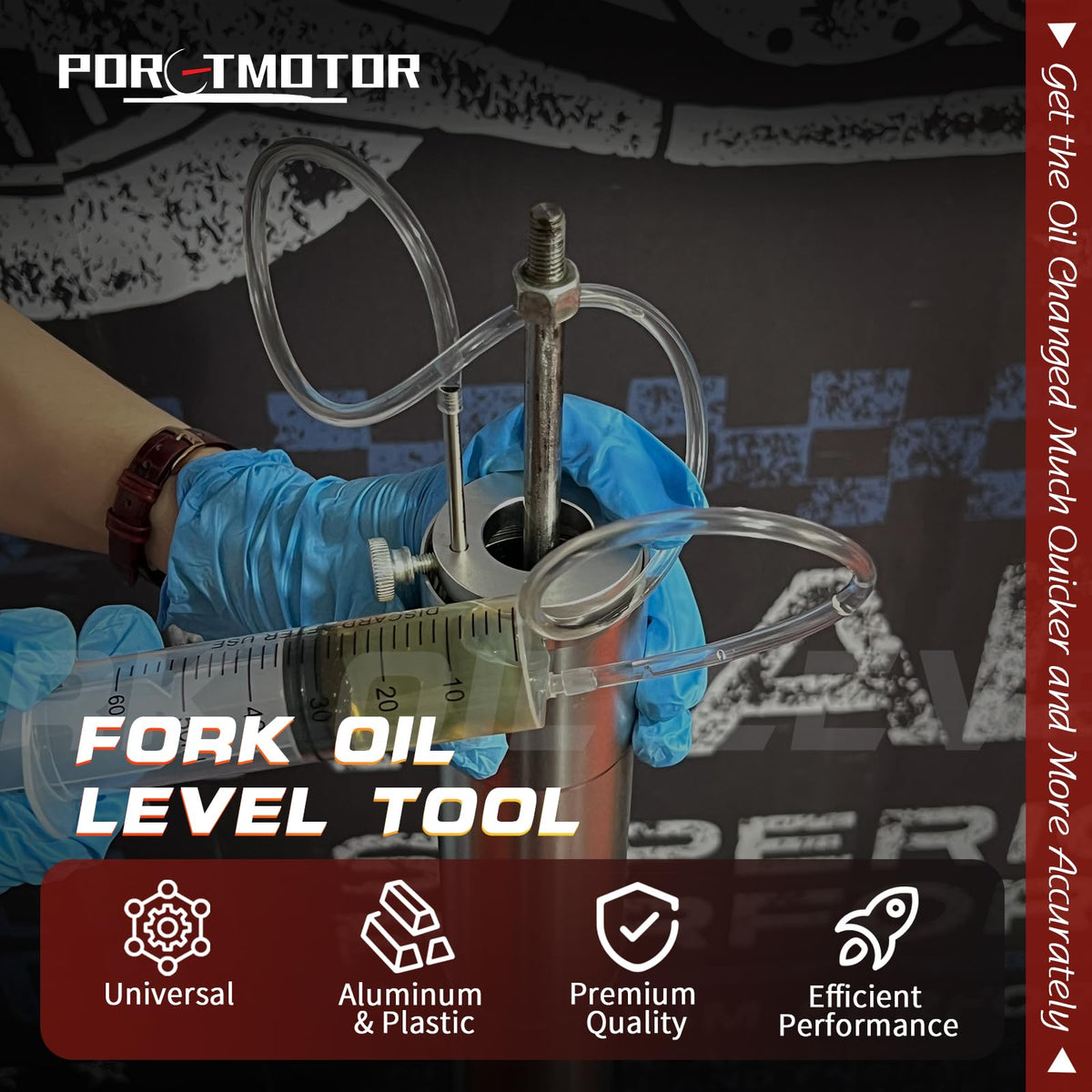 porotmotor oil level tool close-up showing calibrated ring and syringe for precise fills