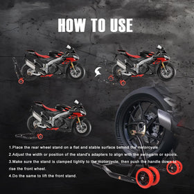 porotmotor stand lifting a motorcycle demonstrating single-person use and convenience benefit