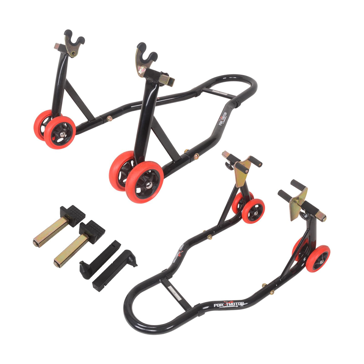 porotmotor full kit showing front and rear stands and adapters, clear organization benefit
