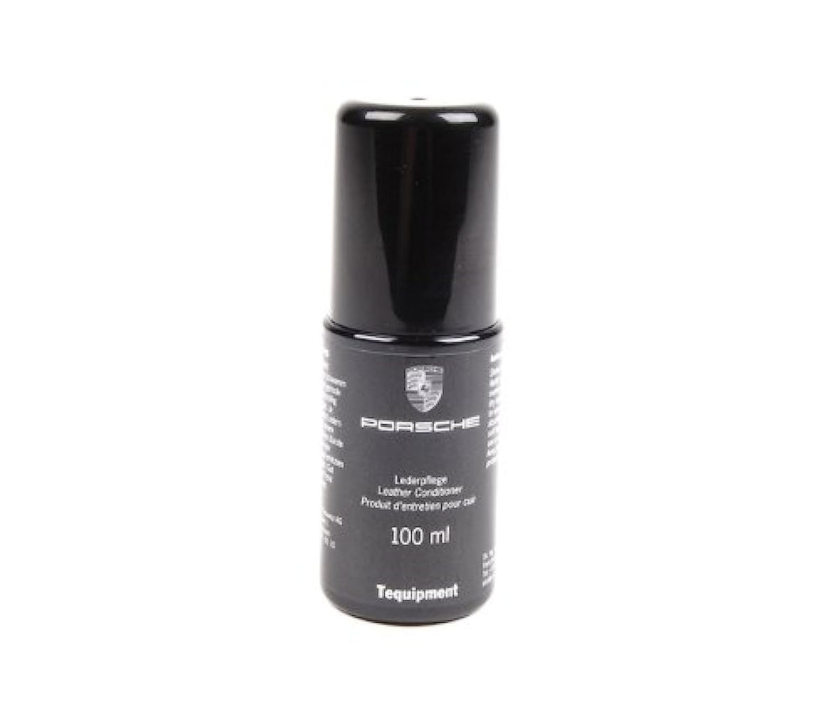 Porsche leather conditioner front bottle showing label and compact size for easy storage