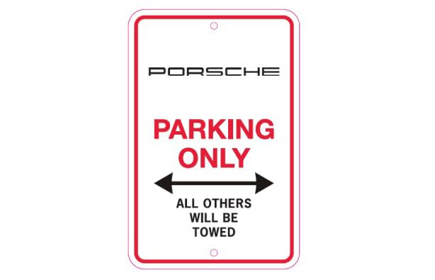 Porsche front view sign mounted showing crisp brand look and durable finish